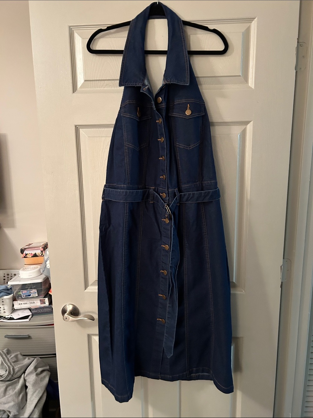 Ashley Stewart Dark Blue Denim Halter Button-Front Dress